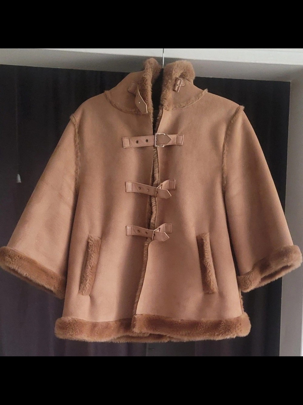 Synchronicity Faux Suede Brown Poncho Coat Lamb Fabric Warm Size Medium